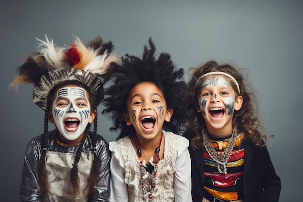 Photo portrait enthusiastic kids in halloween costumes