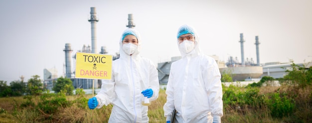 Portrait of environmental scientists team in protective suits
and masks from industrial environment issue concept banner
size