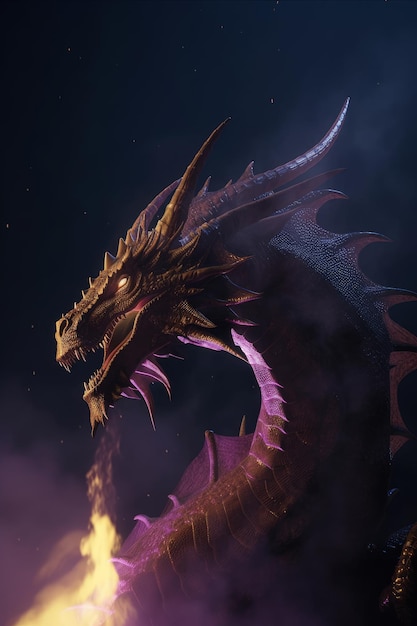Portrait of an epic dragon in a glowing purple mist with glowing eyes
