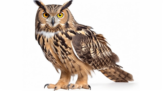 Portrait of Eurasian Eagle Owl Bubo bubo a species of eagle owl standing in front on white