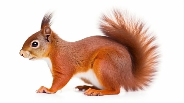 Photo portrait of eurasian red squirrel in front of a white background generative ai