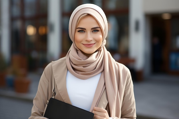 Portrait of European Muslim Woman Wearing Headscarf and Suit with Smiling Expression AI Generative