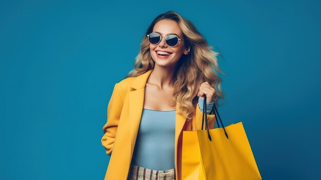 Portrait of an excited beautiful girl wearing dress holding shopping bags isolated ov