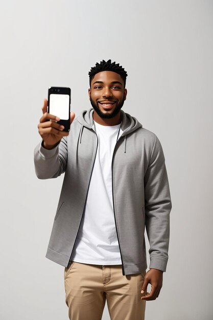 Photo portrait of excited black guy holding big smartphone with white blank screen in hand gadget with empty free space for mock up