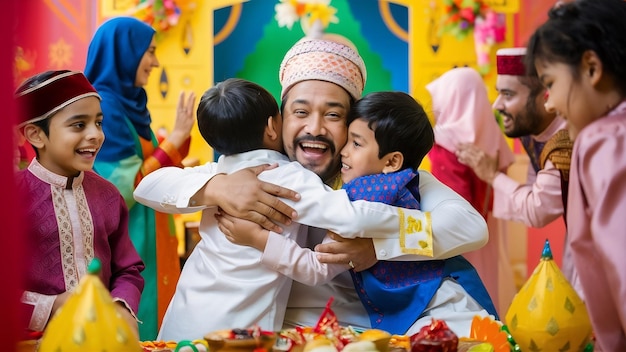Photo portrait of excited father hug and embrace his children during eid mubarak celebration together