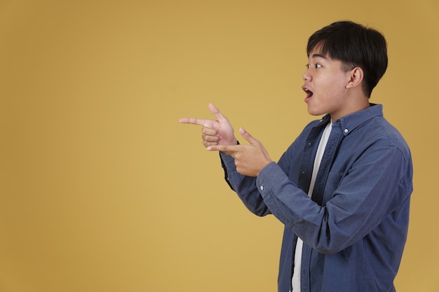 Portrait of excited handsome young asian man dressed casually pointing fingers in empty space