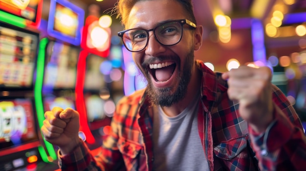 Portrait of excited man who won a lot of money in slot machines in a casino