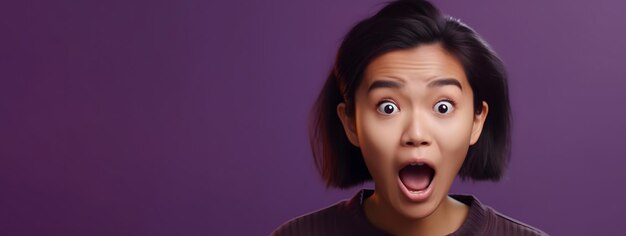 Portrait of excited overjoyed and shocked young asian woman Unbelievable Looking at camera and spreading hands Isolated on background Advertising Generative Ai