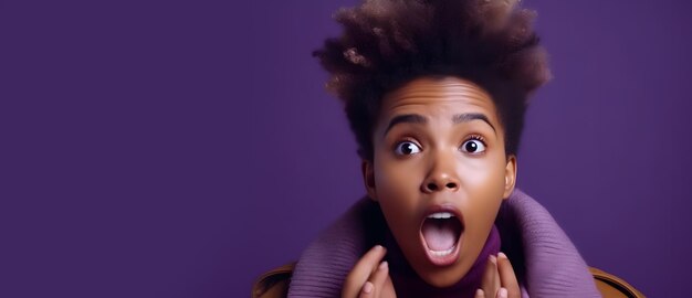 Photo portrait of excited overjoyed and shocked young black woman unbelievable looking at camera and spreading hands isolated on background advertising generative ai