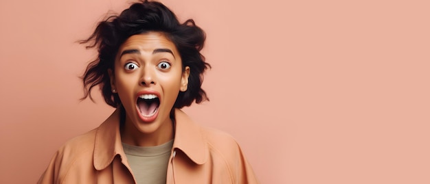 Photo portrait of excited overjoyed and shocked young indian woman unbelievable looking at camera and spreading hands isolated on background advertising generative ai