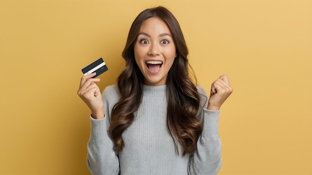 Portrait of an excited woman holding credit card