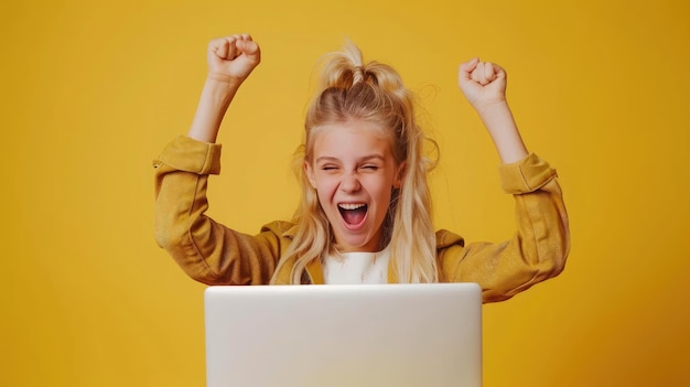 Foto ritratto di una giovane ragazza bionda eccitata che tiene in mano un computer portatile e celebra il successo isolato su uno sfondo giallo