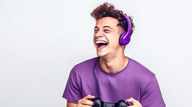 Photo portrait of an excited young man playing games on x box