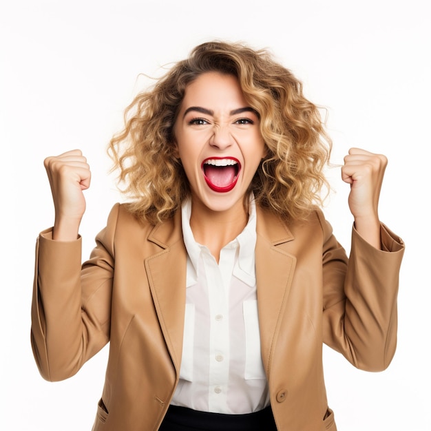 Foto ritratto di una giovane donna eccitata che celebra il successo isolata su uno sfondo bianco