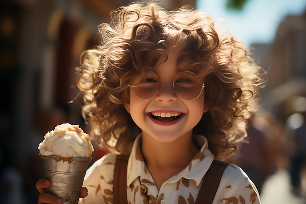 portrait of exciting preschool child with ice cream in summer