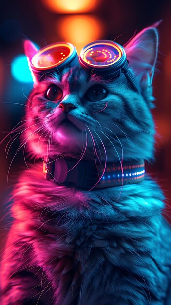 Portrait of exotic shorthair cat with a holographic fur coat and matchin cyber poster banner flyer