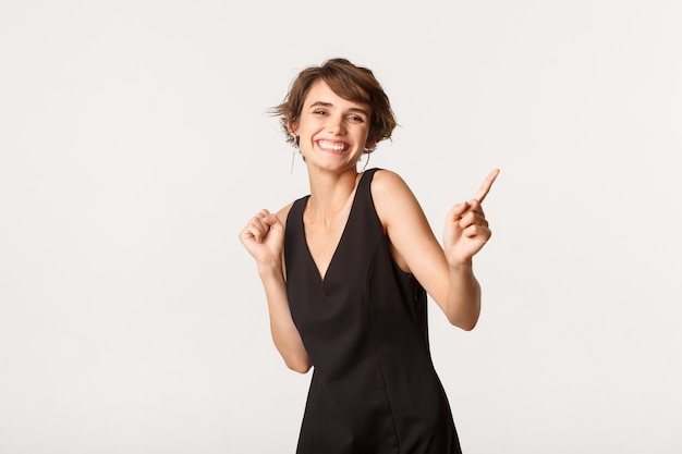 portrait expressive elegant young woman in black dress