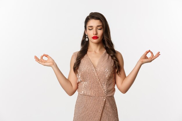 portrait expressive young woman in elegant dress