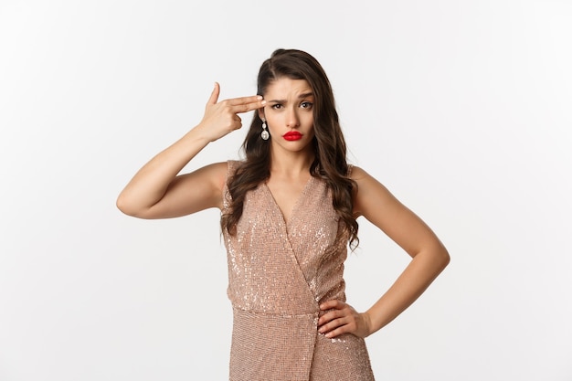 portrait expressive young woman in elegant dress