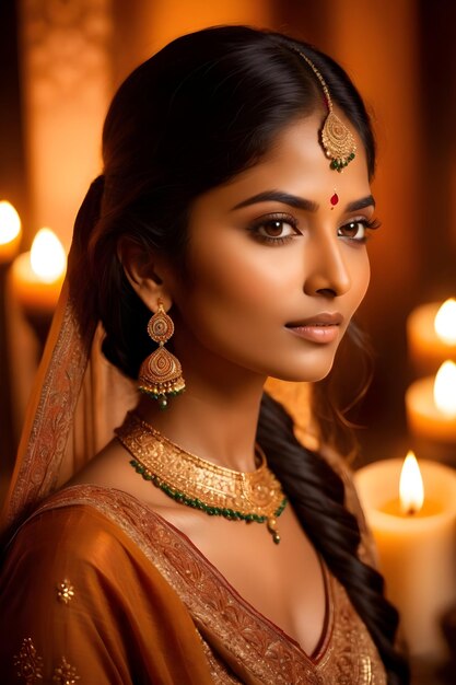 Portrait of exquisite indian woman holding candles in traditional outfit