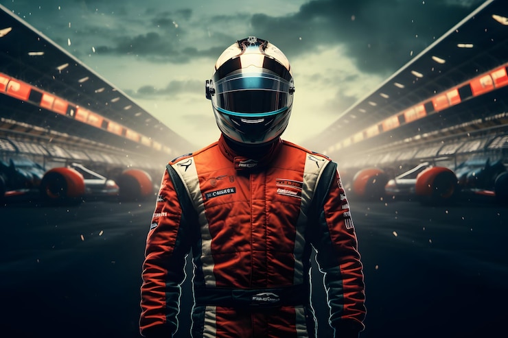 Photo portrait of f1 driver wearing helmet formula one pilot standing on race track after competition