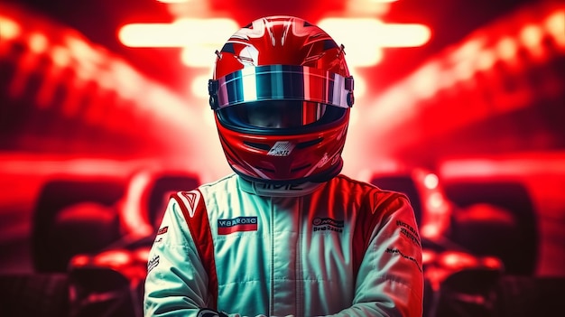 Portrait of F1 driver wearing helmet formula one pilot standing on race track after competition