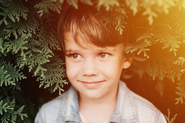 Portrait of the face of a cute little happy caucasian candid healthy five year old kid boy surrounded by branches and leaves of green plant thuja or cypress on nature outdoor. flare