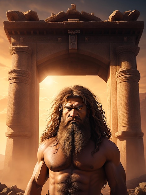 A portrait of the face of Samson a biblical character digital rendering in front of a large old g