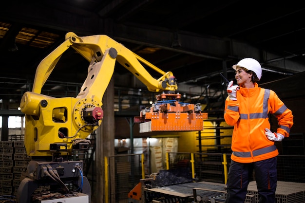 Portrait of factory engineer standing by industrial robot machine and watching manufacturing process