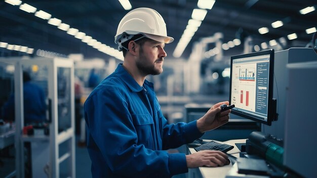 Photo portrait of factory worker operating industrial machine and setting parameters on the computer