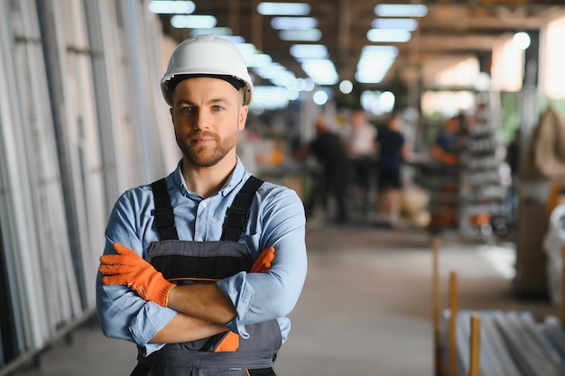 Portrait of factory worker in protective uniform and hardhat standing by industrial machine at production line People working in industry