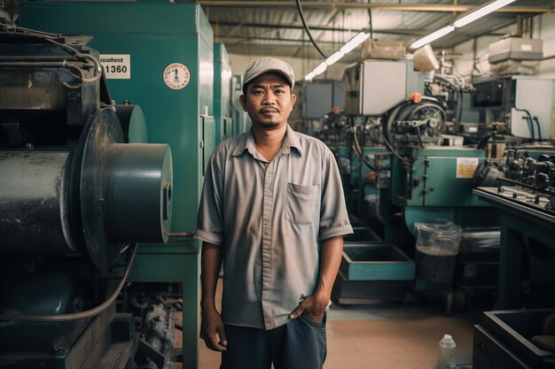 Portrait of a factory worker at the workplace at the machine Generative AI