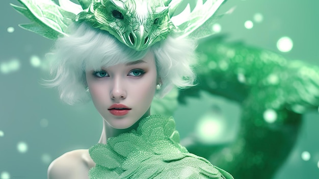 Портрет сказочной мистической девушки в зеленом костюме, празднующей Новый год генеративного ИИ Дракона