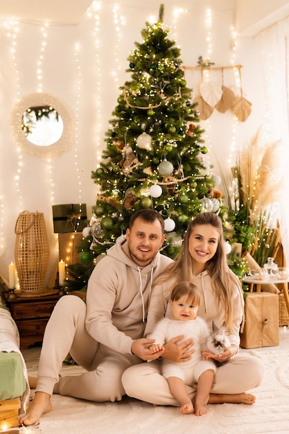 the portrait of a family in the background at the Christmas tree happy family is waiting for Christ