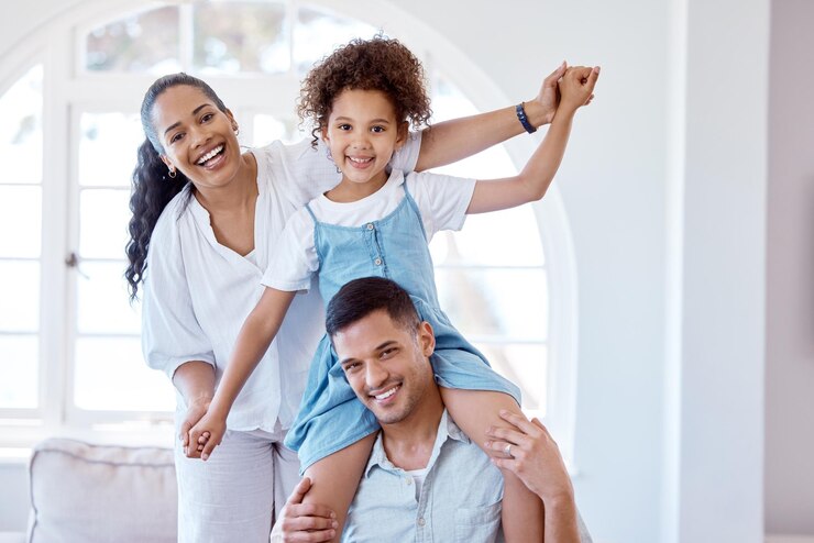 Photo portrait of family child and sit on shoulders in home for airplane happiness and entertainment in living room playful mom and dad with daughter in summer for support care and love on fathers day