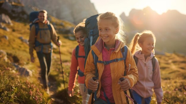 Portrait of a family hiking together in the mountains