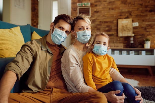 Photo portrait of a family with protective face masks at home