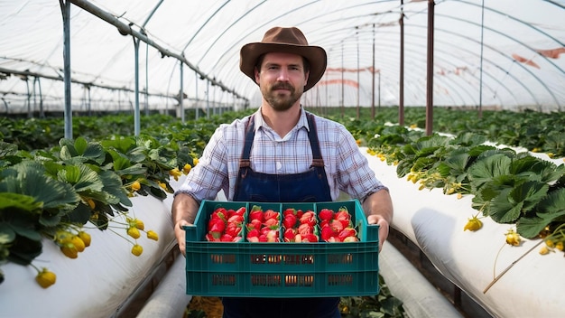 Portrait of farmer holding crate full of strawberries fruit in greenhouse