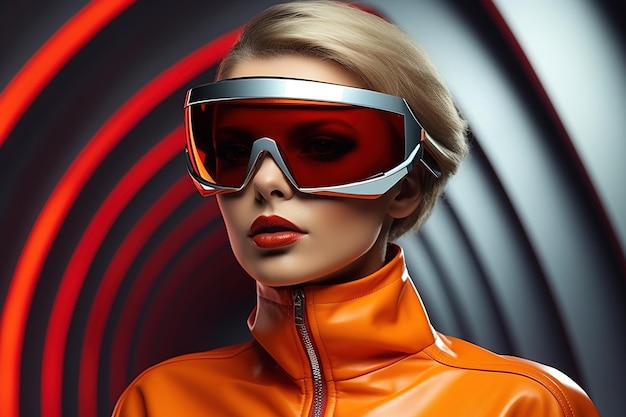 Portrait of fashion caucasian model in style of futurism fashion saturated color