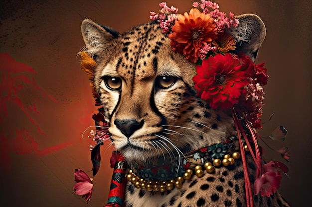 Portrait of a fashion cheetah wearing flowers and jewels on a dark background Generative AI