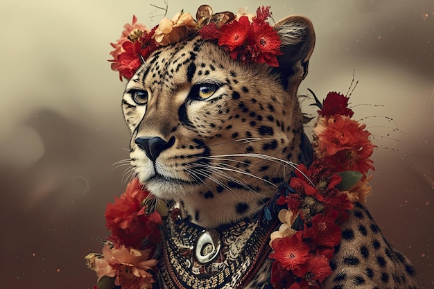 Portrait of a fashion cheetah wearing flowers and jewels on a dark background Generative AI