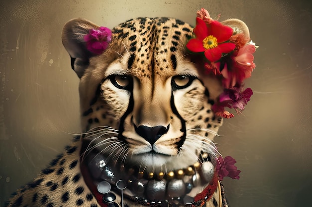 Portrait of a fashion cheetah wearing flowers and jewels on a dark background Generative AI