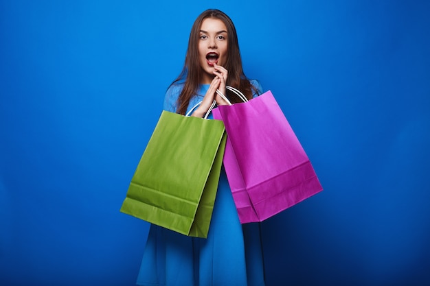 Portrait of fashion glamor stylish woman with shopping bags