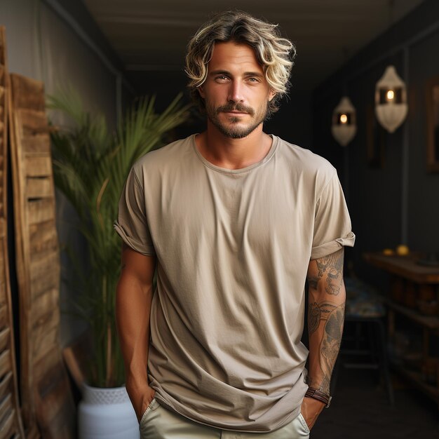 Portrait Fashion Model Wearing Tshirt Mockup looking at camera in Street