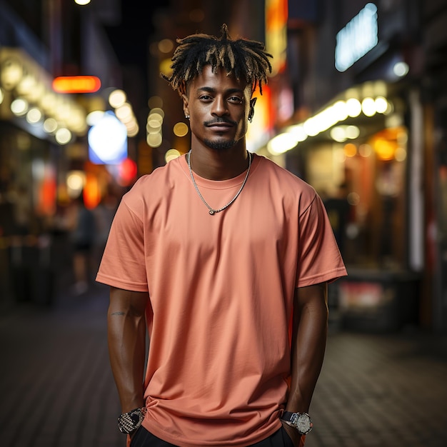 Portrait Fashion Model Wearing Tshirt Mockup looking at camera in Street