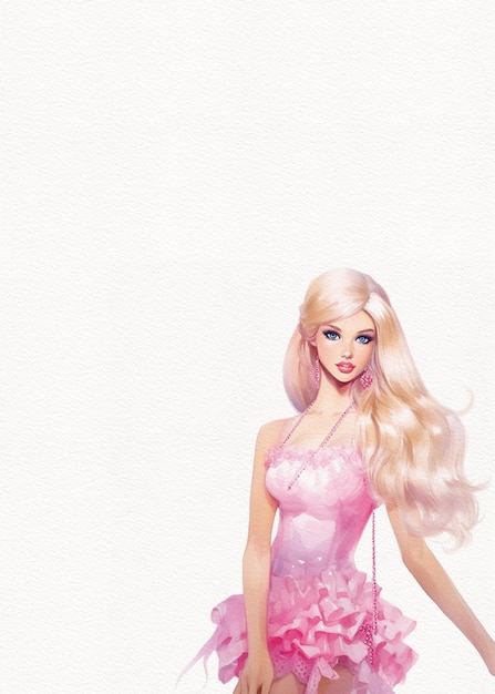 Foto ritratto di una modella con i capelli gonfi acquerello bambola rosa disegno sullo sfondo bianco