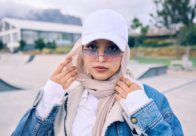 写真 現代的なスタイルのアラブの顔とヒジャブを着た帽子とスカーフを着たイスラム教の女性が屋外に立つポートレートファッションやサングラス、現代の眼鏡で屋外でポーズをとるトレンディな若いイスラム教徒の女性との
