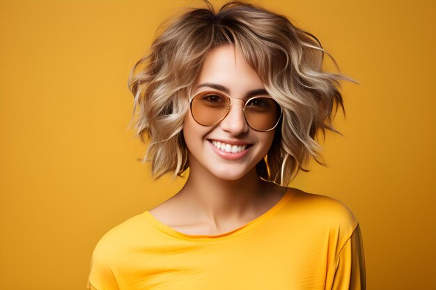 Portrait of a fashionable happy teenager woman looking at the camera over yellow color background