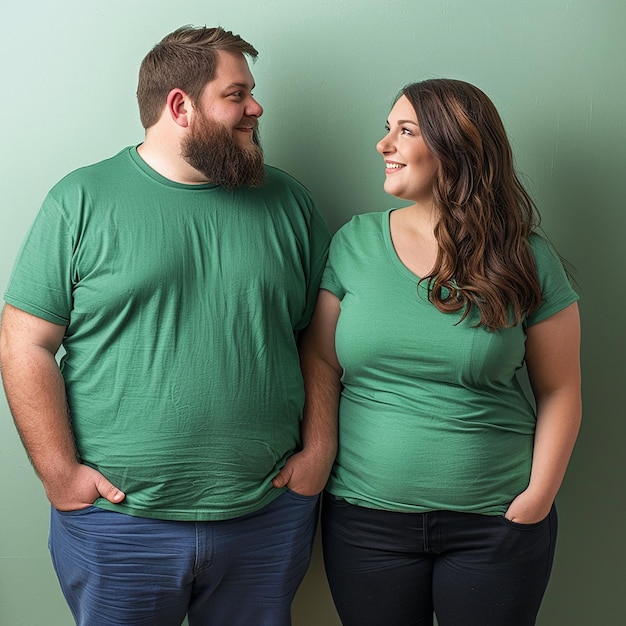 Portrait of Fat Man and Woman Wearing Green TShirts