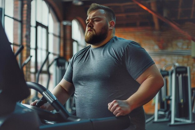 Photo portrait of a fat man working out on a treadmill in a gym